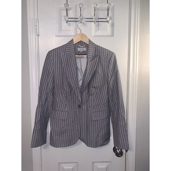 IPEKYOL Gray White Striped One Button Linen Blend Casual Career Blazer Size 8 - Picture 2 of 12